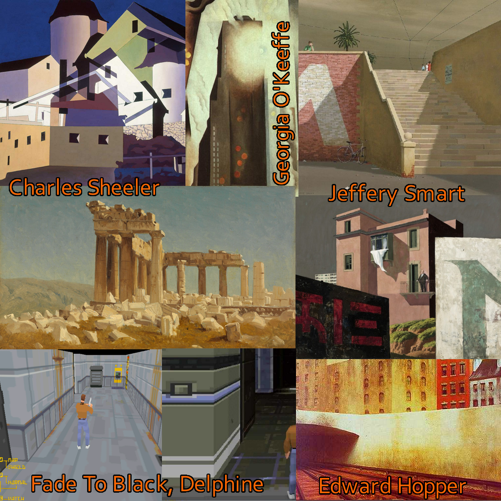 A bunch of painters I think are relevant here, plus some shots of Flashback from Delphine! Stonework and masonry are common in this game's environment, but we can't let it get too confusing for the eye